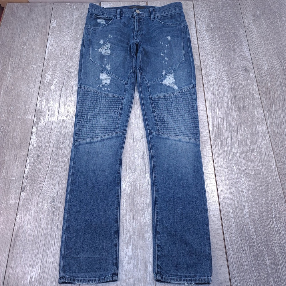 J Brand Bearden Moto Jeans Mens 32 Blue Distressed Biker Slim Fit Straight